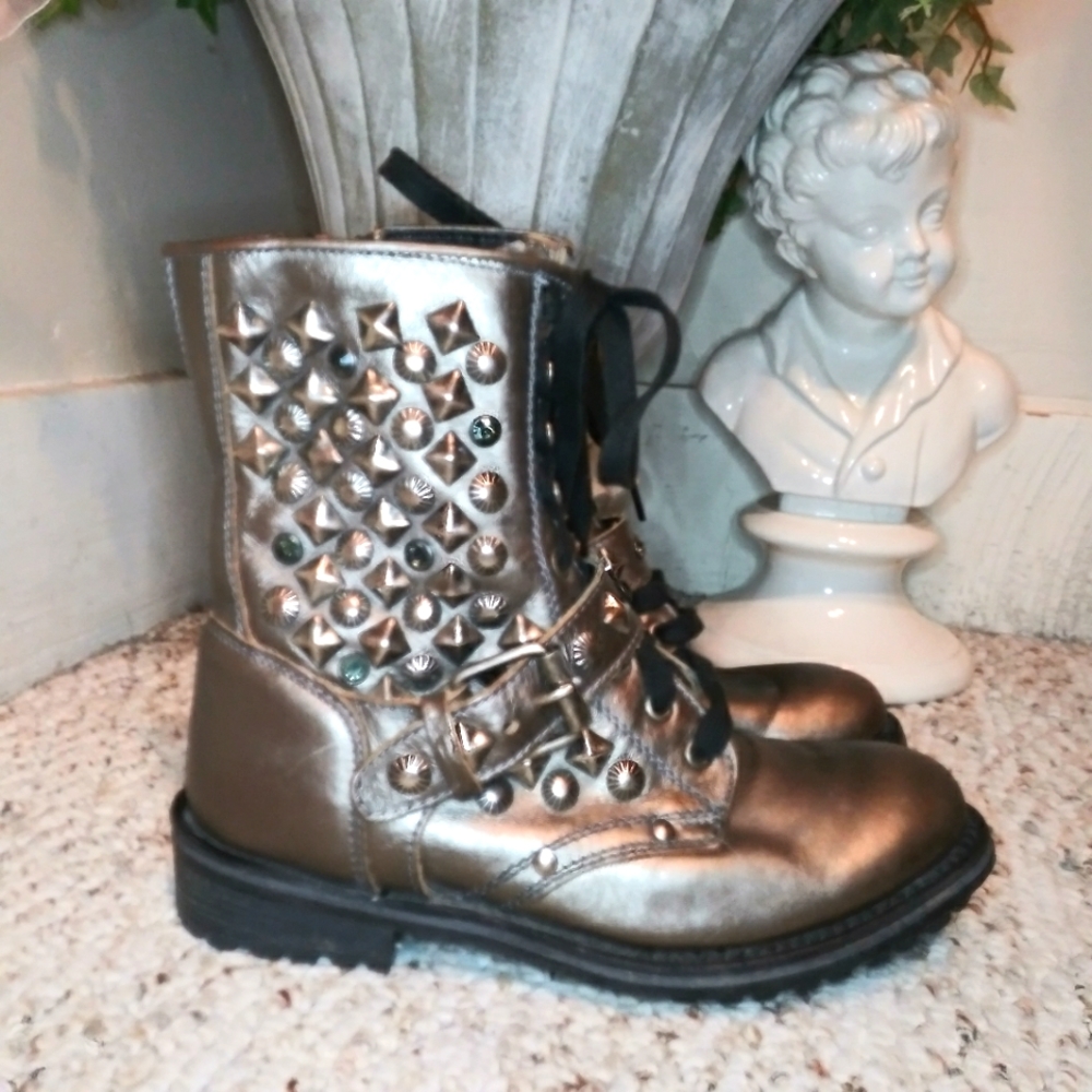 ASH Ryhanna Silver & Rhinestone Studded Distressed Pewter Leather Combat Boots - Picture 11 of 11